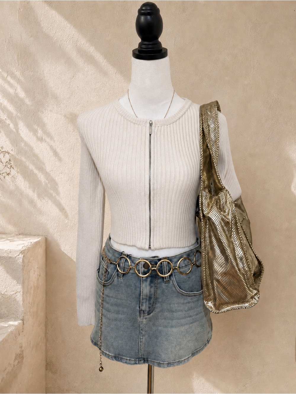 Bershka Cream Velvety Ribbed Zip Cardigan M